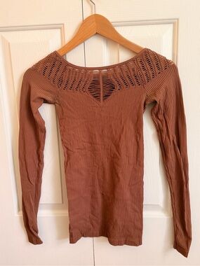Free People Ribbed Long-Sleeve Top with Crochet Yoke — Mauve